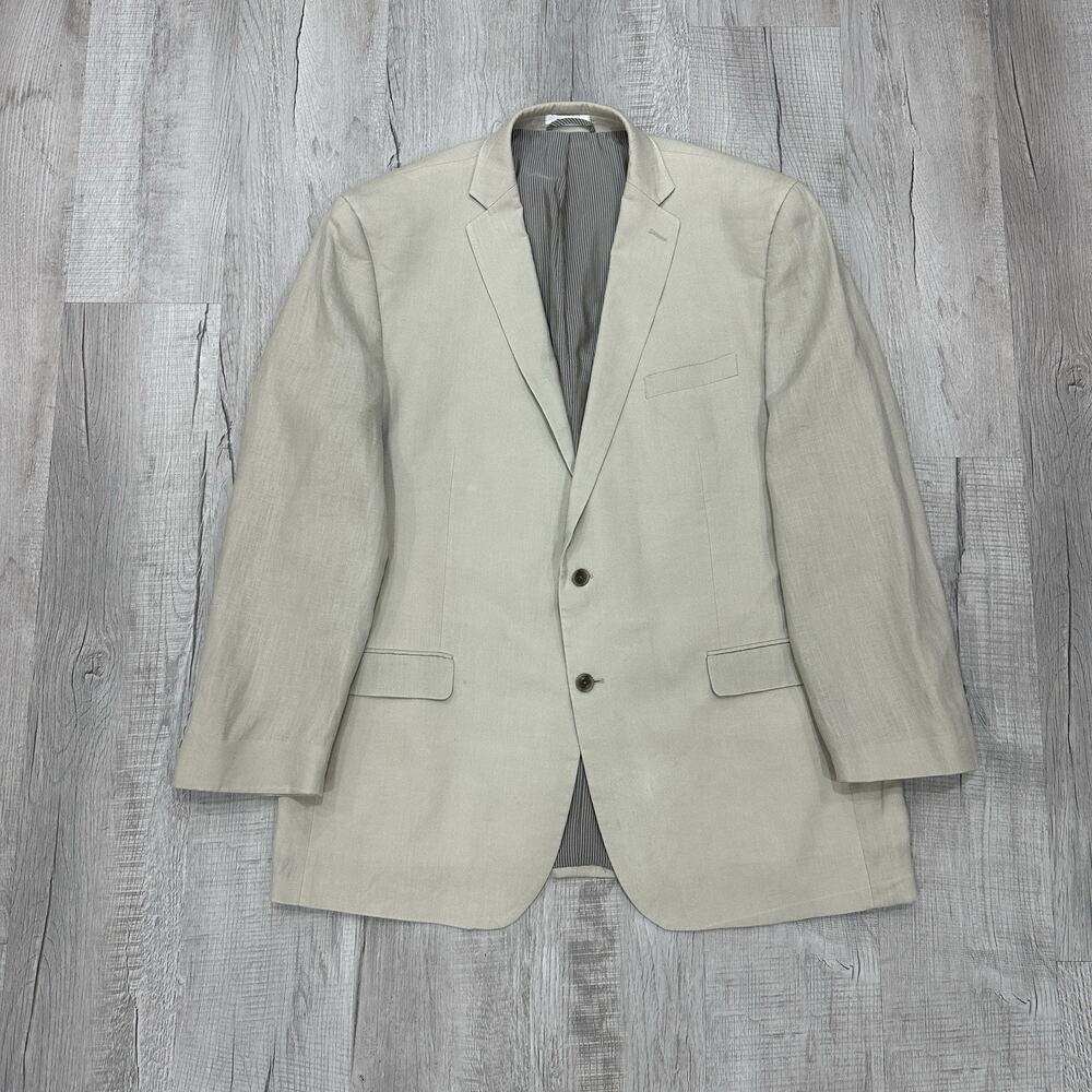 Calvin Klein Blazer Mens 48L Beige 100% Linen Two Button Summer Sports Coat